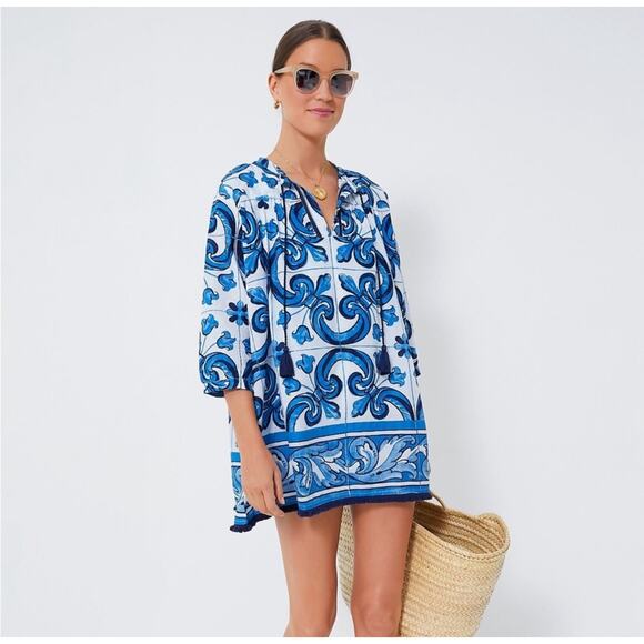 Tuckernuck TNUCK BEACH Capri Blue Majolica Tile Bondi Coverup. Size M - Picture 1 of 8